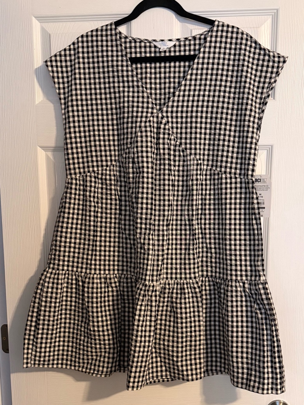 Time and Tru Black and White Gingham Tiered V-Neck Dress